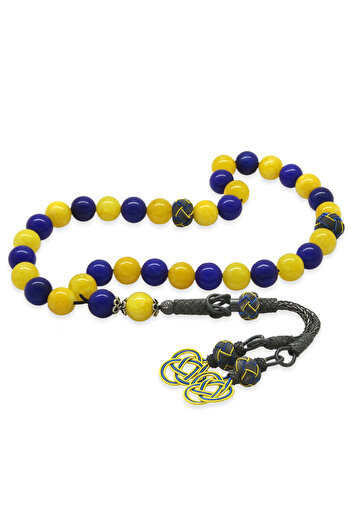 Tesbihane 1000 Sterling Silver Kazaz Tasseled Sphere Cut Yellow Navy Blue Jade Natural Stone Fan Prayer Beads