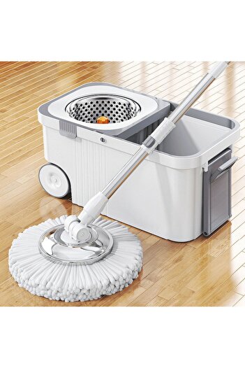 Deliny Set Mop Rotativ 360° Cu Galeata Centrifuga Din Inox, 4 Rezerve Mop, Galeata Portabila