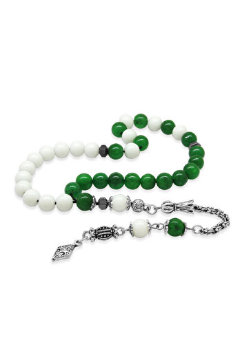 Tesbihane Tarnish Free Metal Albanian Chain Tassel Sphere Cut Green White Jade Natural Stone Fan Prayer Beads M2