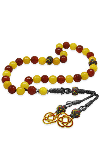 Tesbihane 1000 Sterling Silver Kazaz Tasseled Sphere Cut Yellow Red Jade Agate Natural Stone Fan Prayer Beads