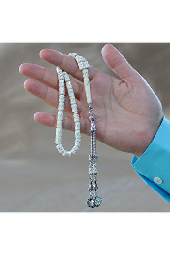 Tesbihane Non-Tarnish Metal Crescent and Star Tassel Capsule Cut Brass Embroidered Camel Bone Prayer Beads