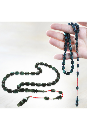 Tesbihane Each One and Its Imame Master Craftsmanship Capsule Cut Pearlescent Turquoise Black Catalin Rosary