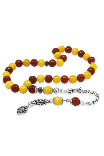 Tesbihane Tarnish Free Metal Albanian Chain with Tassel Sphere Cut Yellow Red Jade Agate Natural Stone Fan Prayer Beads M1