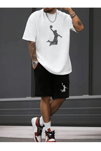 DEEPSENSE Men's White T-Shirt Black Combed Cotton Travel Printed Short Suit