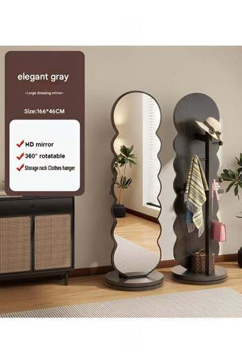 Taimi Wavy Swivel Mirror with Clothes Hanger and Storage Shelf for Bedroom and Living Room Grey 166x46cm