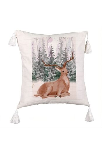 BEKZ Christmas themed Fringed Pillowcase, Deer, 45x45 cm, Ecru, With zipper