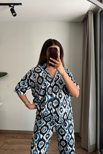 Güneş Desenli Saten Gömlek & Pantolon Takım