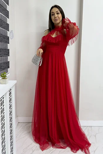 thezkscom Red Tulle Draped Plus Size Evening Dress
