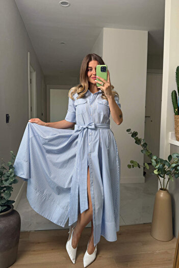Sue Store Mavi Beyaz Çizgili Kuşaklı Cepli Maxi Boy Gömlek Elbise