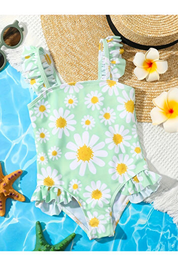darko Green Yellow Daisy Swimsuit Floral Girl's Swimsuit Baby Girl Daisy Daisy Patterned Ruffles