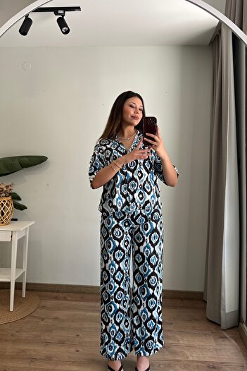 Güneş Desenli Saten Gömlek & Pantolon Takım