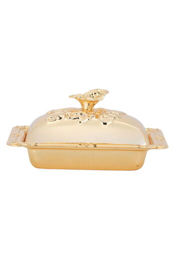 Alsaif Gallery Rectangular Gold Engraved Steel Tamriya with Lid, 12.3 cm