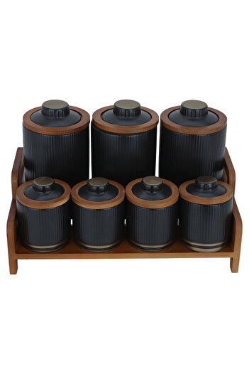 Alsaif Gallery Porcelain Set, 8 Pieces with Wooden Stand - Black