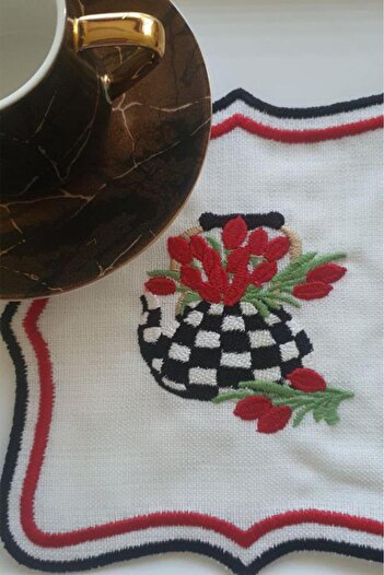 Çeyiz Diyarı Çaycım Embroidered Linen Square Coasters Set of 6