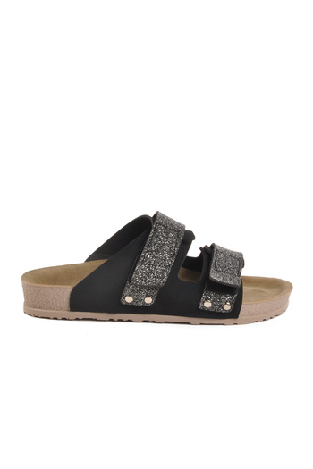 Aspor Black Glitter Velcro Women's Flat Slippers