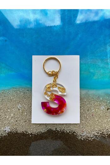 Yopoksi Desing Epoxy S Letter Pink Keychain with Gold Leaf and Flower Leaf