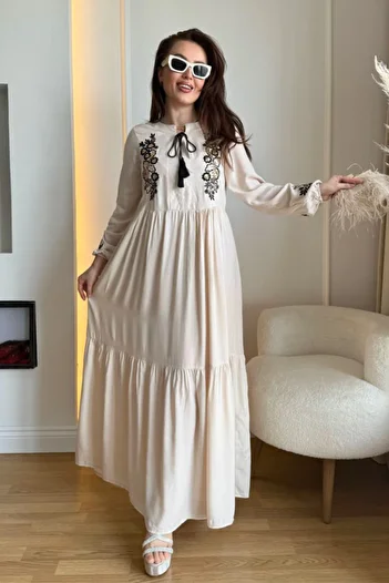 AYASOFYA OTANTIK Γυναικείο μπεζ Ethnic Αυθεντικό Παγιέτες Κέντημα Λεπτομερές μακρυμάνικο φόρεμα