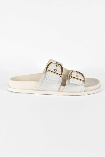 birizmoda Women's Suede Gold Buckle Double Striped Poly Sole Daily Slippers - Beige