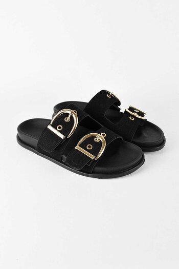 birizmoda Women's Suede Gold Buckle Double Strap Poly Sole Daily Slippers - Black