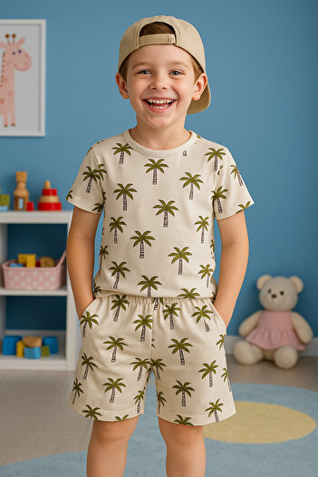 TRENDYOLKIDS Stone Boy Palm Pattern T-Shirt-Shorts Knitted Pajamas Set Tkdss25Au00117
