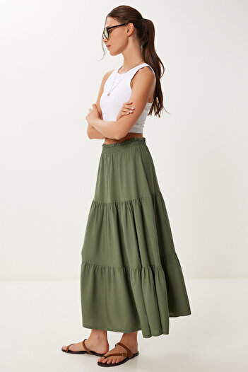 Happiness İstanbul Women's Khaki Flounced Summer Viscose Skirt En00644