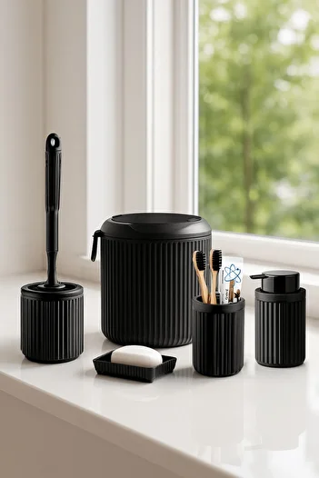 Sas Haus Lines Series Black Bathroom Set, 5 Piece Oval Acrylic 4 Liter Trash Can, Soap Dispenser, Brush Holder Set