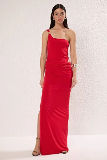 Trendyol Collection Red Body Fitting Accessory Detail Low Back Long Evening Dress Night Homecoming Dress Tprss25Ae00104