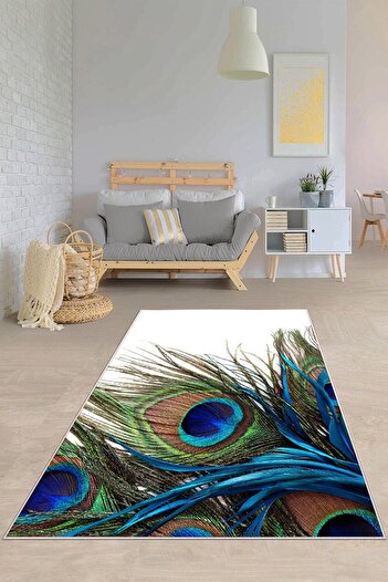 on the clouds Mavi Tavus Kuşu Tüyü Desenli Yıkanabilir Kaymaz Taban Leke Tutmaz Modern Salon Halısı Ve Yolluk