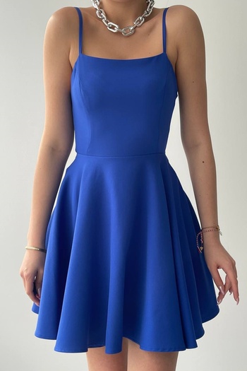 bayansepeti Rochie mini albastră Saks evazată pentru femei, cu bretele reglabile, design cu legare la spate 362