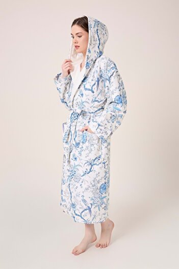 VEVİEN HOME Μπουρνούζι με κουκούλα με μοτίβο Blue Gladiolo Fiore Ψηφιακή εμπριμέ μπουρνούζι σπα Θερμικό μπουρνούζι σάουνας μπάνιου