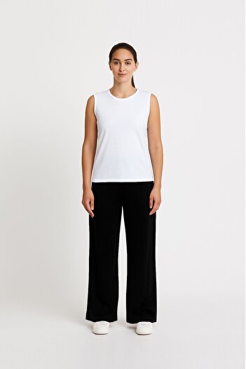 Cottonland Women's Katia Draped Wide Leg Elastic Waist Elastane Combed Cotton Trousers Black