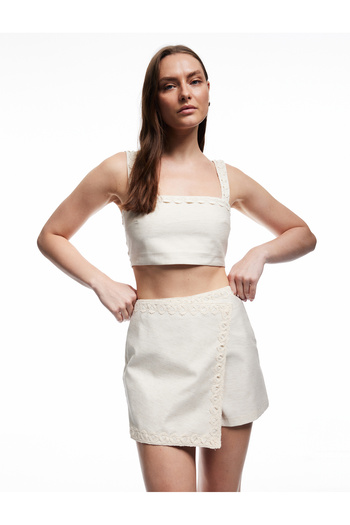 Koton X Melis Ağazat - Linen Blend Detailed Double Breasted Mini Shorts Skirt
