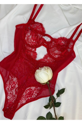ROZENİN LINGERIE Red Lace Underwire Capless Transparent Bodysuit with Snaps at the Bottom
