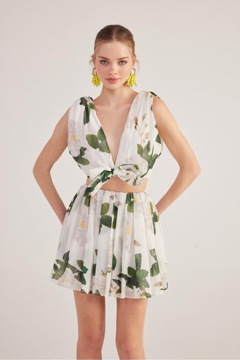HOLLY LOLLY Σετ White Chiffon Frances - Floral σχέδιο και αφαιρούμενο αξεσουάρ κορδέλας