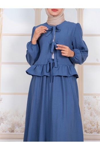Modamorfo Lace-Up Front Sleeve Elastic Skirt Suit -Indigo