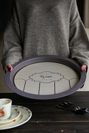 EVLE Retro Patterned Round Metal Tray - Tea Coffee Tray - Presentation Tray 37 Cm Ee163-u6