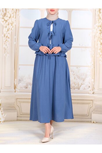 Modamorfo Lace-Up Front Sleeve Elastic Skirt Suit -Indigo