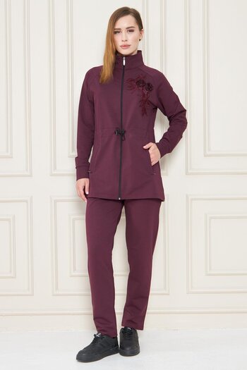 TRENDHİLL Women's Cotton Adjustable Waist Tracksuit Set Claret Red 5549- B