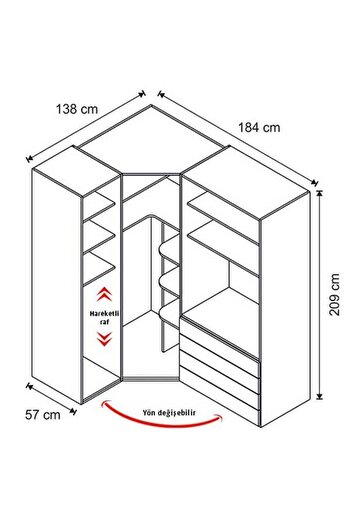 Benimodam Elegant 4 Kapılı Çekmeceli Cam Kapaklı Köşe Dolap Genç / Çocuk Odası 839