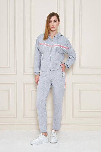 TRENDHİLL Women's Cotton Full Zip Hooded Tracksuit Set Gray 5552-g