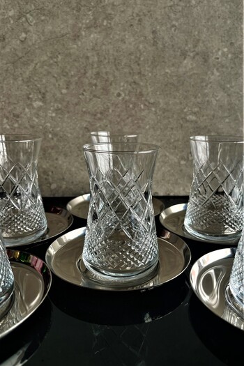 DECOSTYLE Pasabahce Ella Cut Decor Steel Plate Tea Set-6 Person 12 Pieces