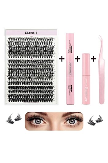 ESensio Individual False Eyelashes Set 320f Tuft Type, 300 Lashes, Faux Mink Glue Remover Tweezers