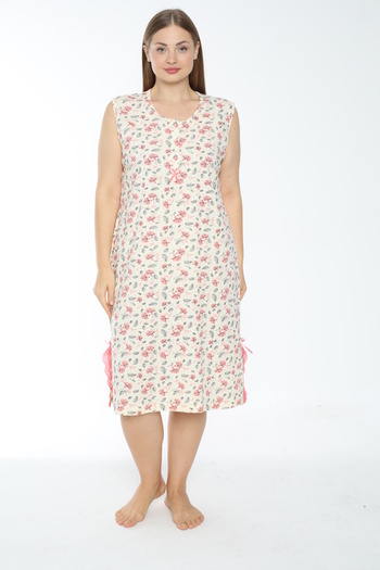 MİSS LOLİTA Women's Plus Size Print 100% Cotton Sleeveless Nightgown 519-B