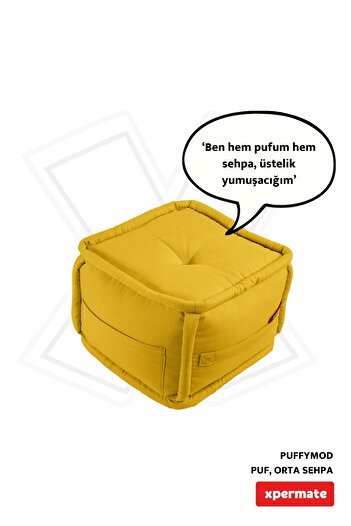 XPERMATE Dekoratif Kare Puf Orta Sehpa Ayak Uzatma Puf 40x40 Cm Sarı Puffymod