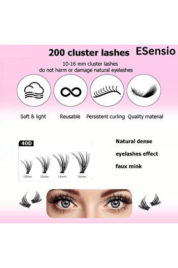 ESensio Set gene false ESensio 200F, 40D, 200 de gene, reutilizabile cu aplicator, dizolvant și pensetă