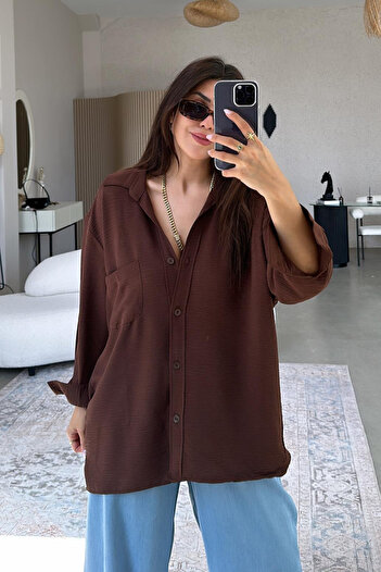 Paw Garage Women's Perla Brown Single Pocket Oversize Shirt, Summer Wide Fit Shirt, Ayrobin Shirt
