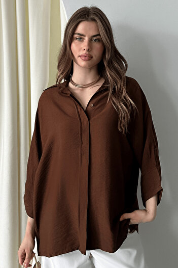 Paw Garage Women's Evelyn Brown Oversize Shirt, Linen Ayrobin Front Placket Shirt
