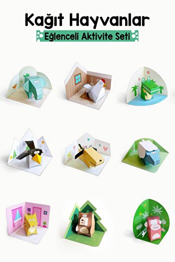 Bunbaza 3 Boyutlu Kağıt Hayvan Figürleri Seti – 9'lu Eğlenceli Aktivite Seti - Çocuklar Için Origami