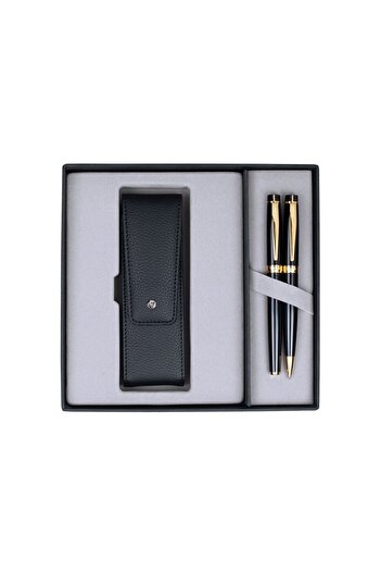 Scrikss Dr246 Gift Set Fountain Pen - Ballpoint Pen 38 Black Gold & Double Pen Case with Cap Black
