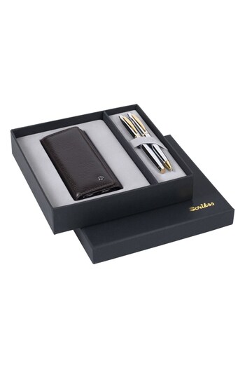 Scrikss Dr206 Gift Set Fountain Pen - Ballpoint Pen 35 Chrome Gold & Leather Double Pen Case Brown